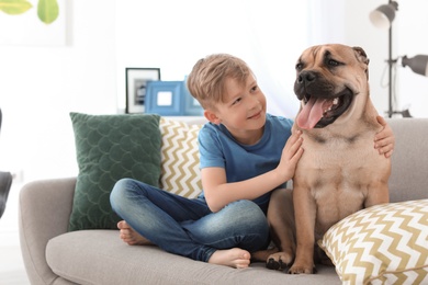 Cute little child with dog on couch at home