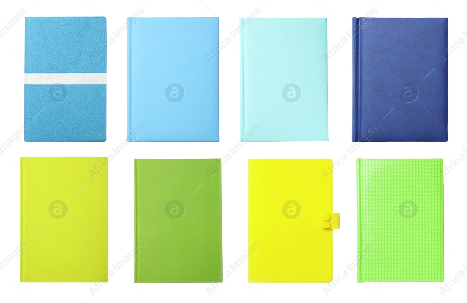 Image of Set with stylish colorful notebooks on white background, top view