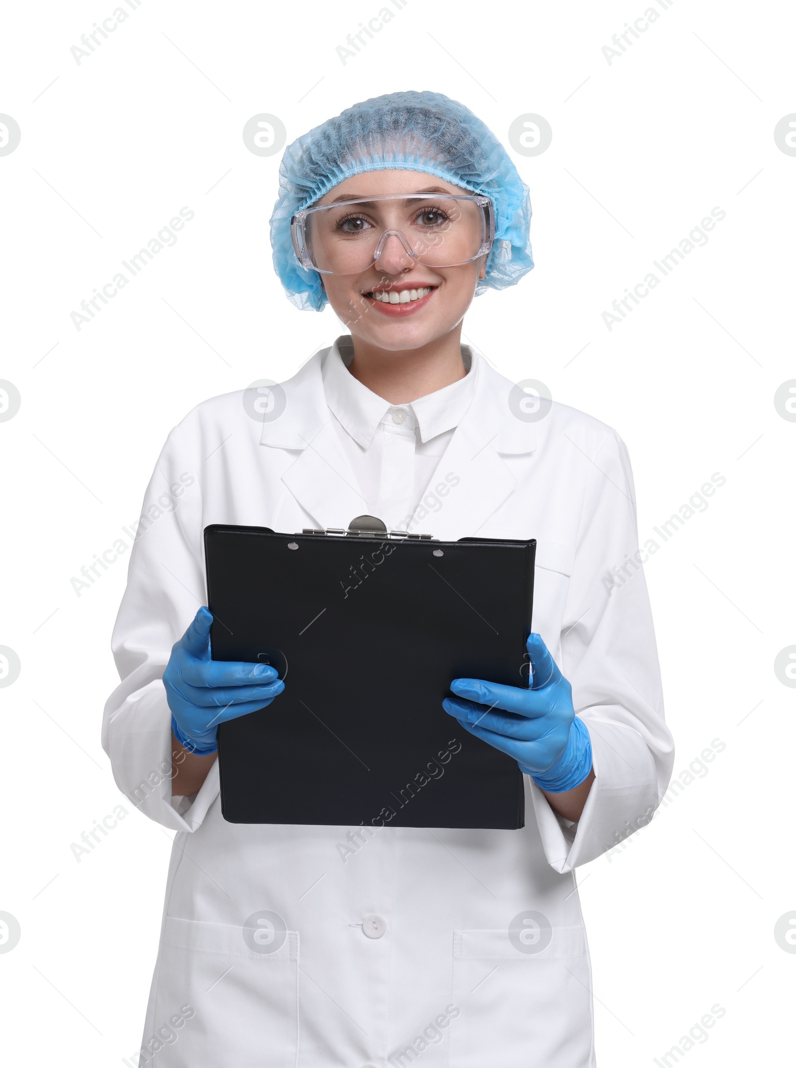 Photo of Quality control. Food inspector with clipboard on white background