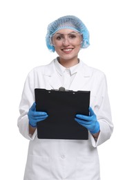 Quality control. Food inspector with clipboard on white background