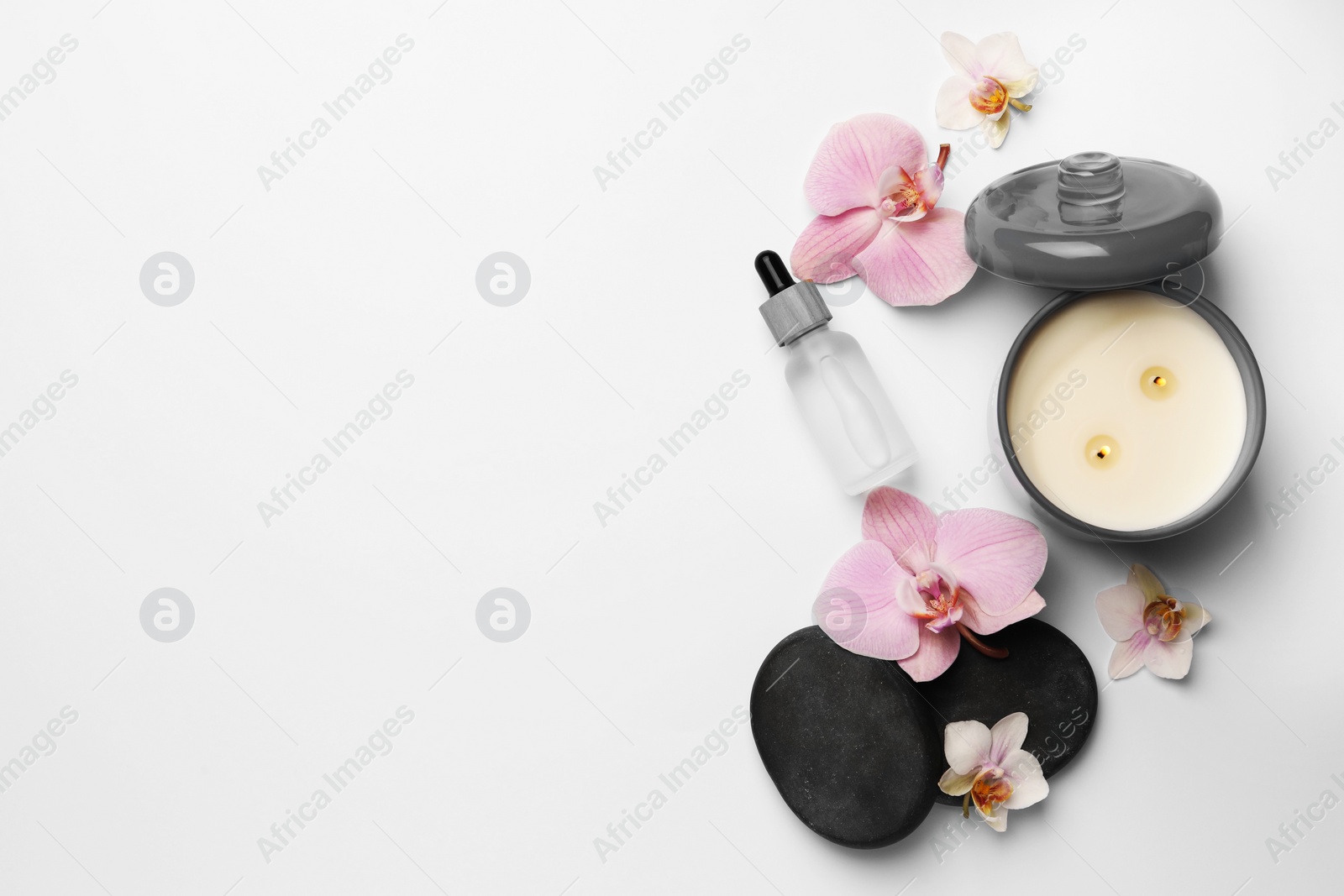 Photo of Flat lay composition with different spa products on white background. Space for text