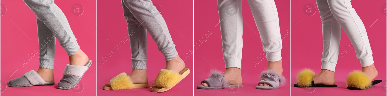 Collage with photos of women wearing stylish slippers on pink background, closeup. Banner design Image of Collage with photos of women wearing stylish slippers on pink background, closeup. Banner design