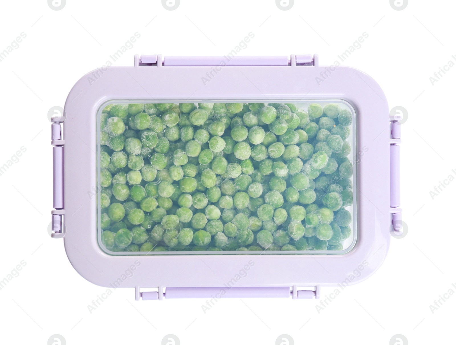 Photo of Frozen peas in plastic container isolated on white, top view. Vegetable preservation