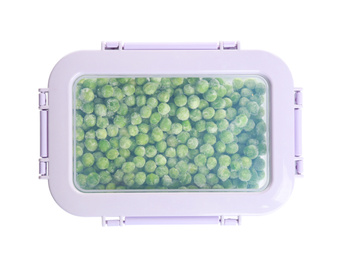 Photo of Frozen peas in plastic container isolated on white, top view. Vegetable preservation