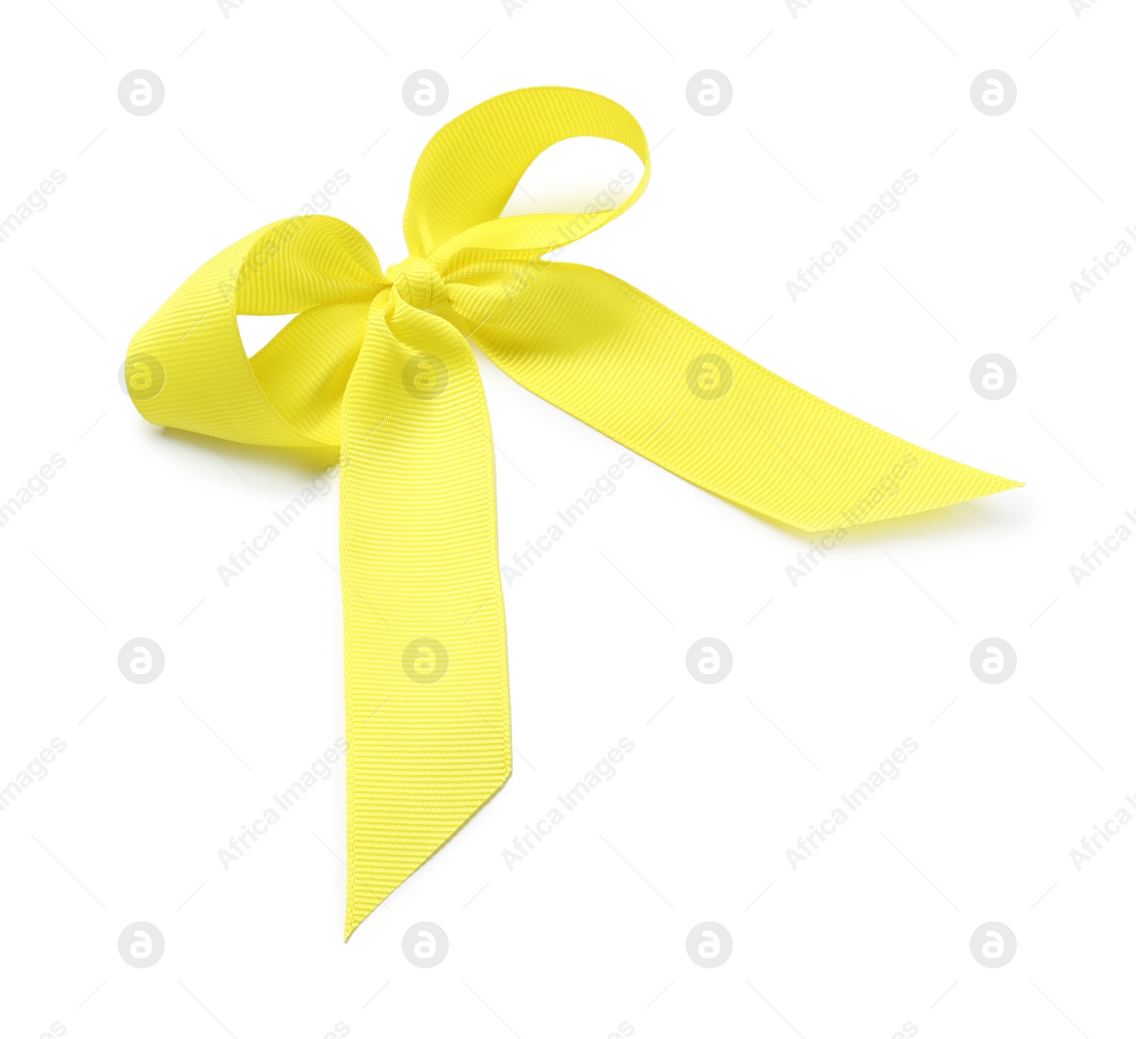 Photo of One yellow ribbon bow on white background