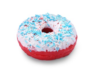 Photo of Glazed donut decorated with sprinkles isolated on white. Tasty confectionery