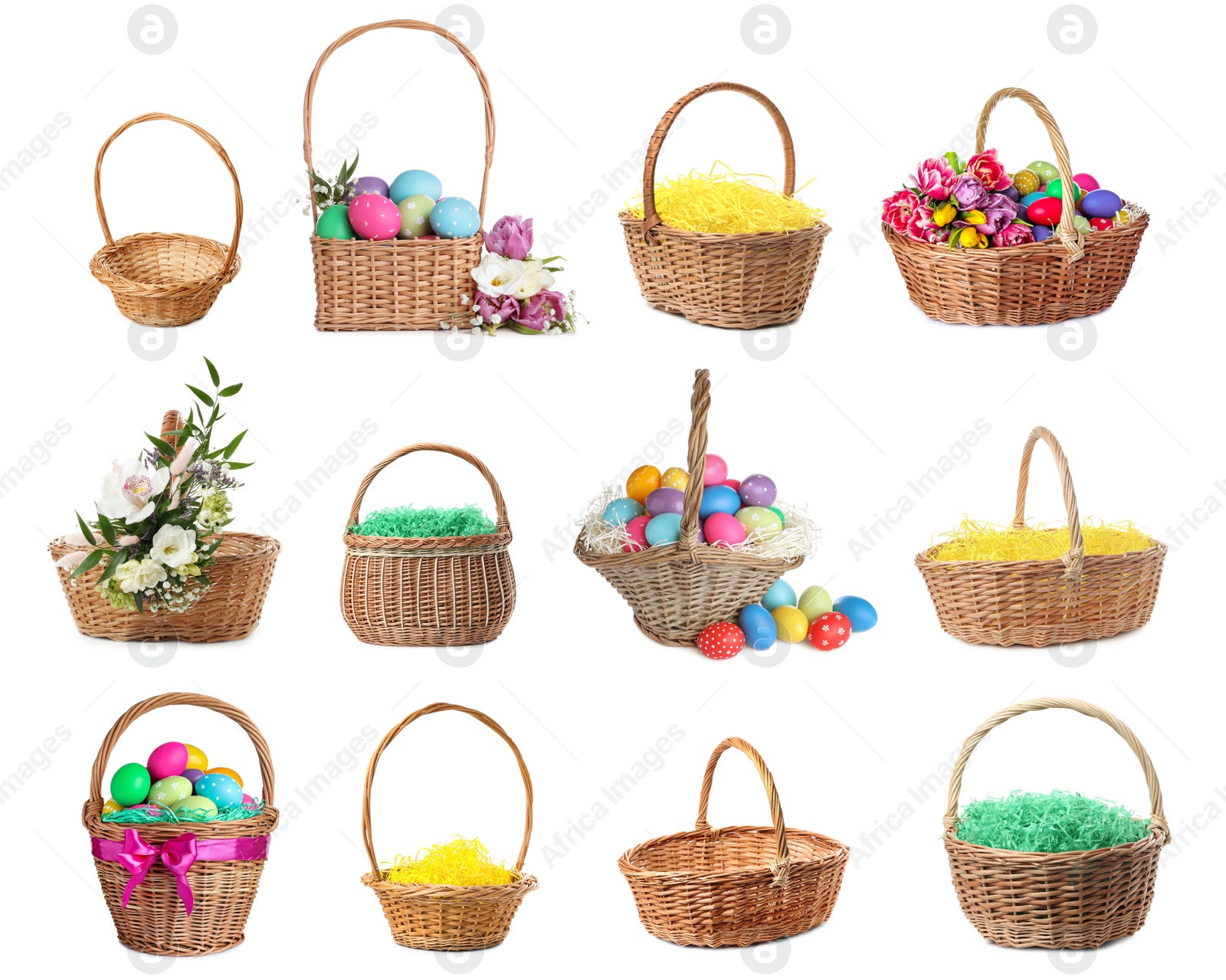 Image of Set with wicker baskets on white background. Easter item