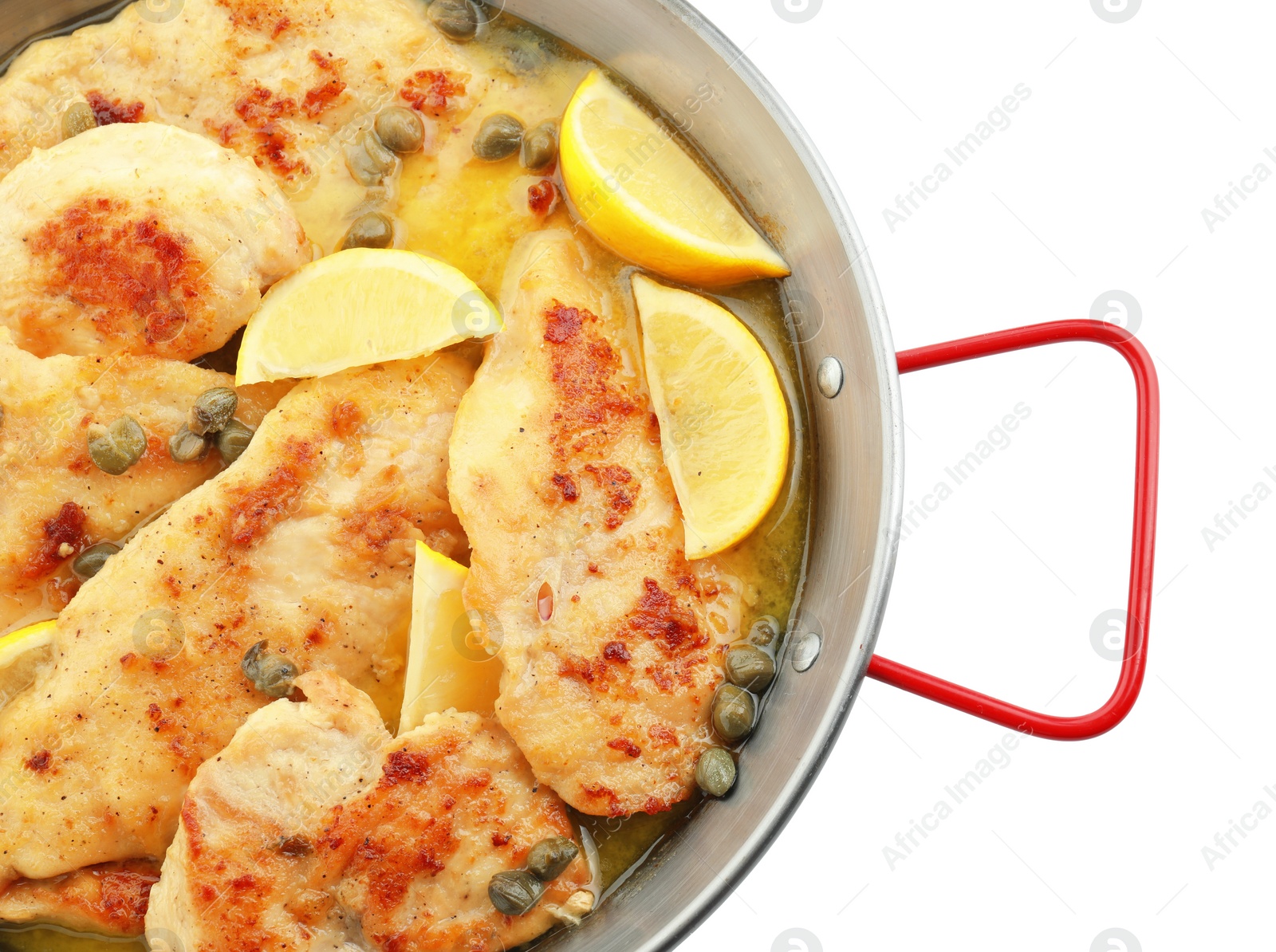 Photo of Delicious chicken piccata isolated on white, top view