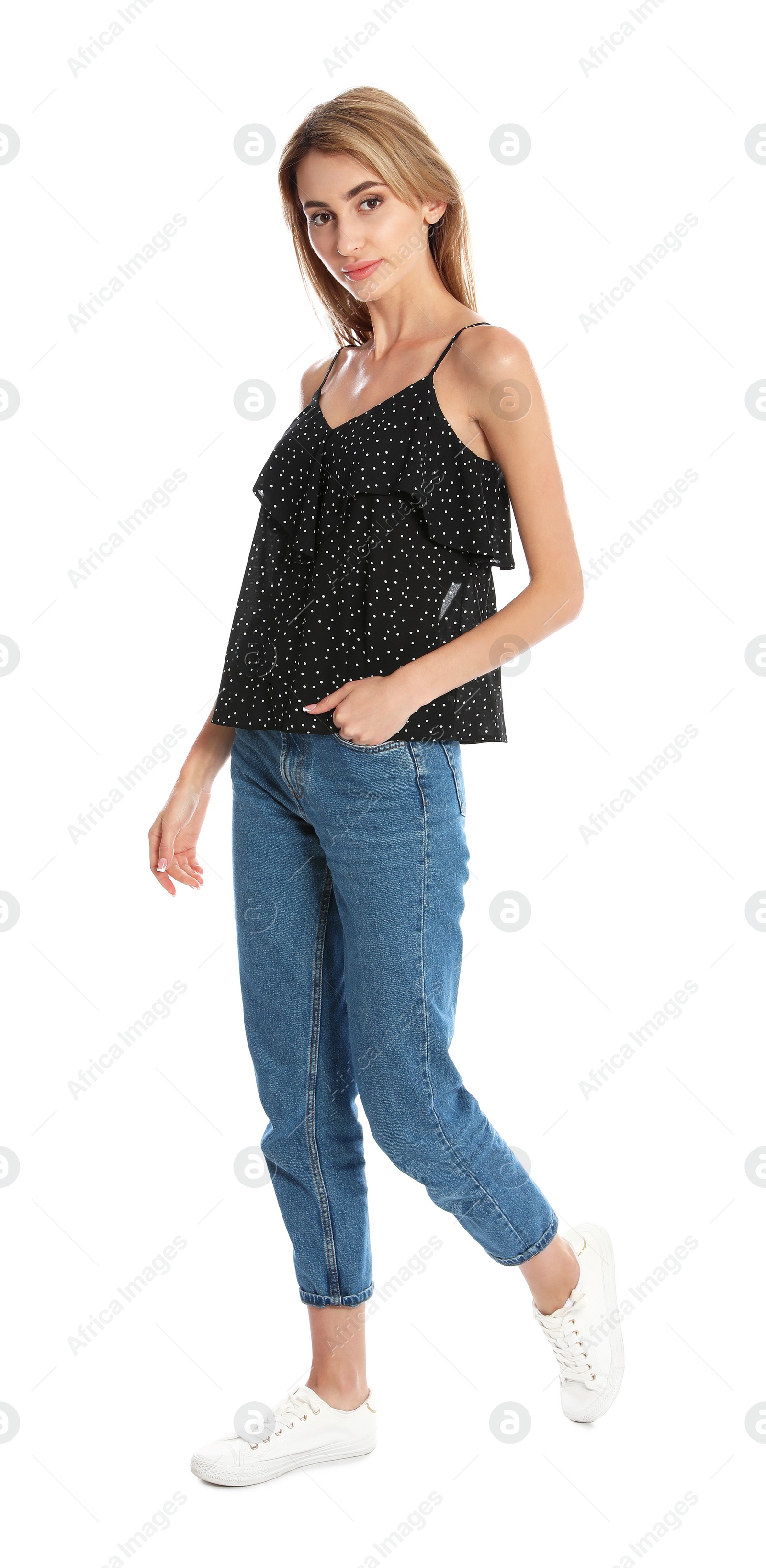 Photo of Beautiful young woman posing on white background