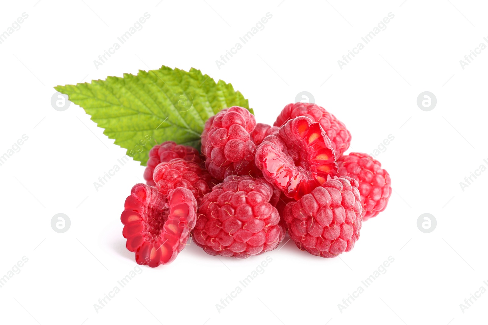 Photo of Fresh ripe raspberries with green leaf on white background