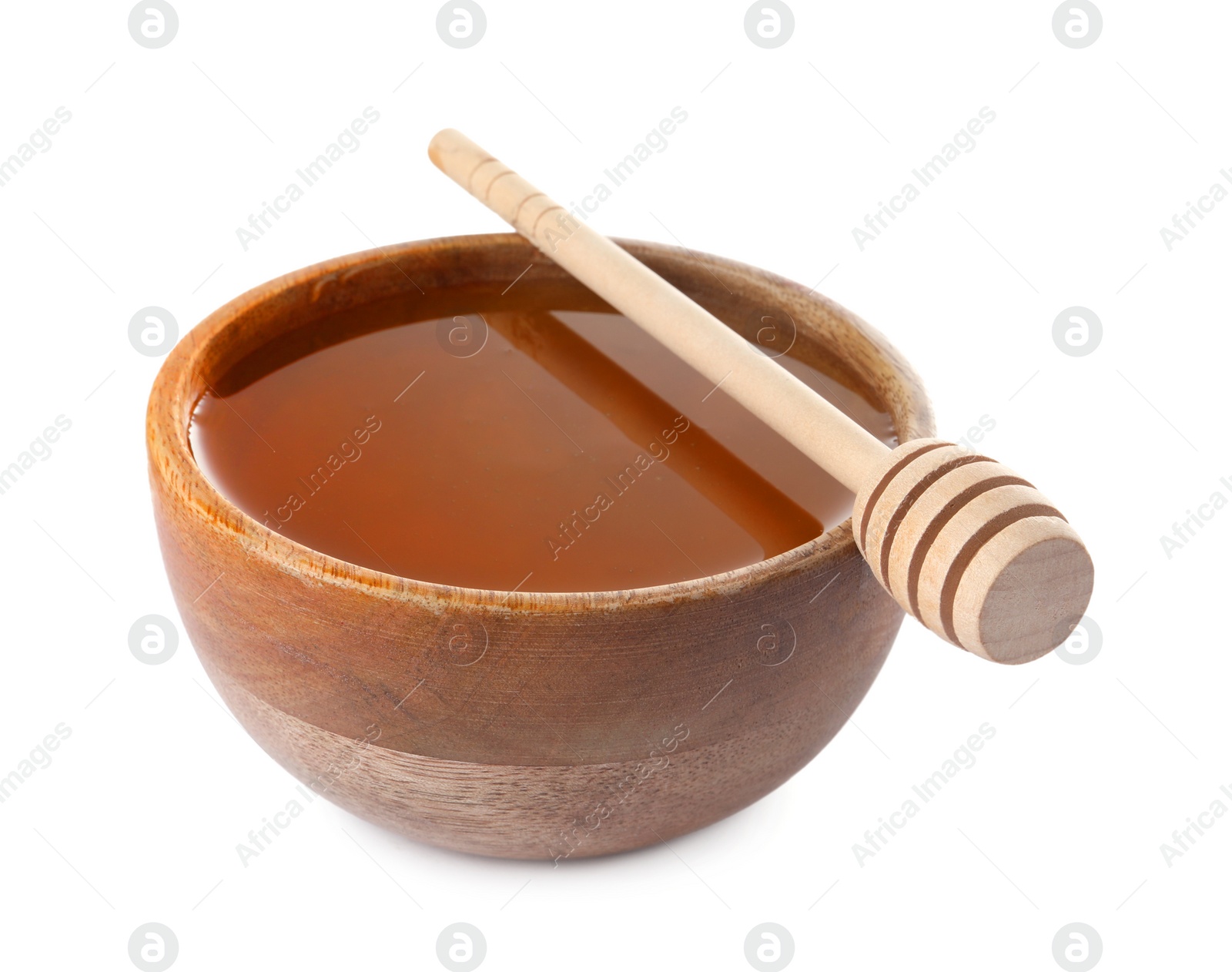 Photo of Tasty honey in bowl and dipper isolated on white