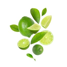 Image of Fresh lime fruits and green leaves falling on white background