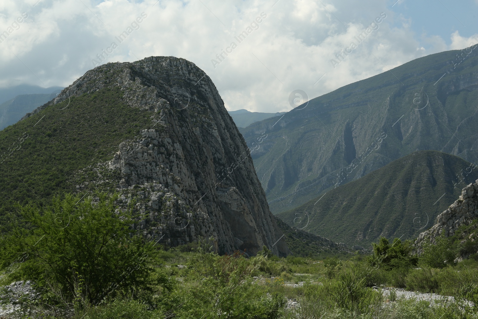 Photo of Picturesque view of beautiful mountains and plants under cloudy sky