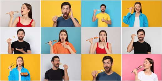 Collage with photos of people eating tasty sushi and rolls on different color backgrounds