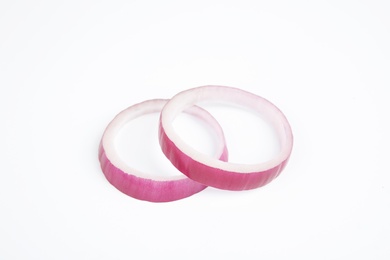 Fresh slices of red onion on white background