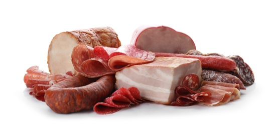 Photo of Different tasty meat delicacies on white background