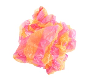 Photo of Crumpled plastic bag isolated on white, top view