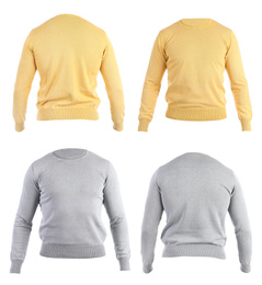 Image of Collage with stylish warm yellow and grey sweaters on white background