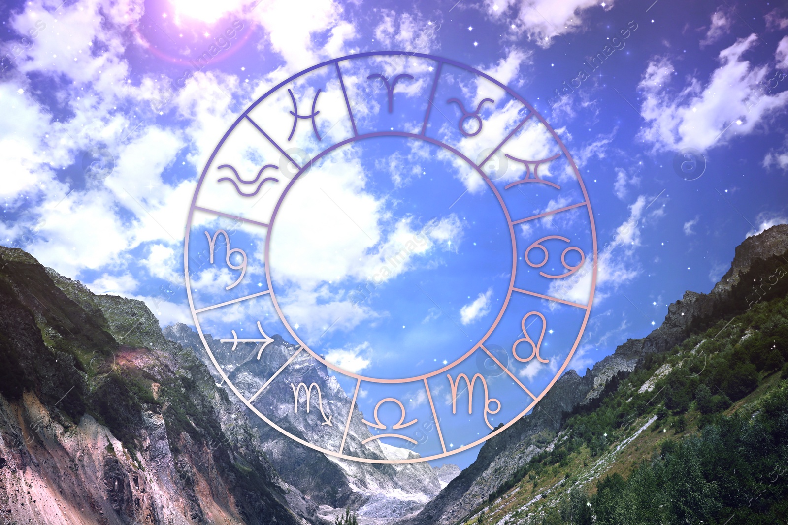 Image of Zodiac wheel and beautiful view on mountains under blue sky with clouds