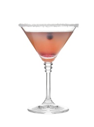 Glass of martini cocktail and berries on white background