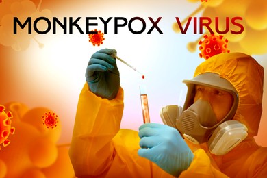 Monkeypox virus. Scientist in chemical protective suit with test tube