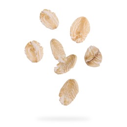 Image of Rolled oat flakes falling on white background