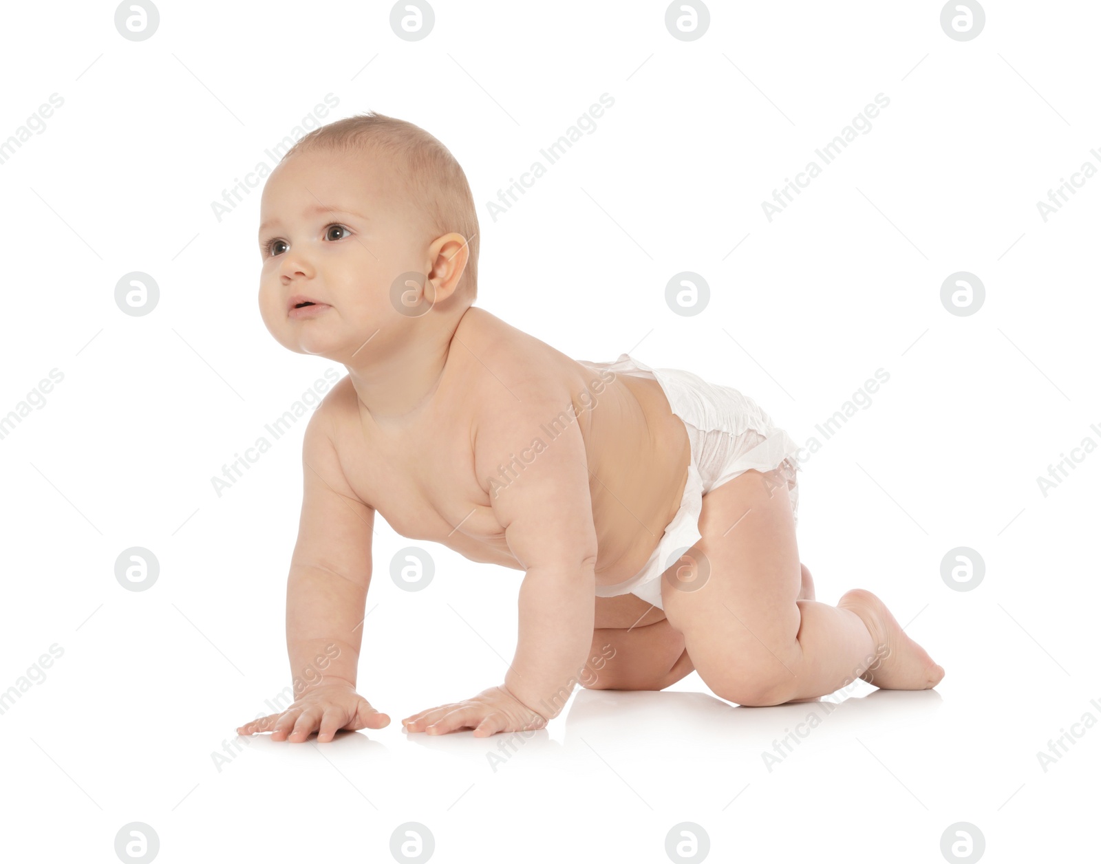 Photo of Cute little baby crawling on white background