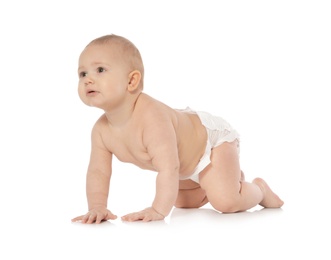 Cute little baby crawling on white background