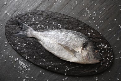 Photo of Fresh raw dorado fish and sea salt on black table, flat lay