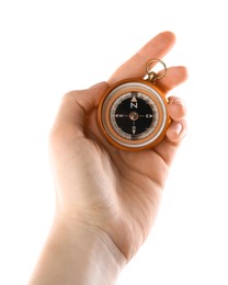 Photo of Man holding compass on white background, closeup