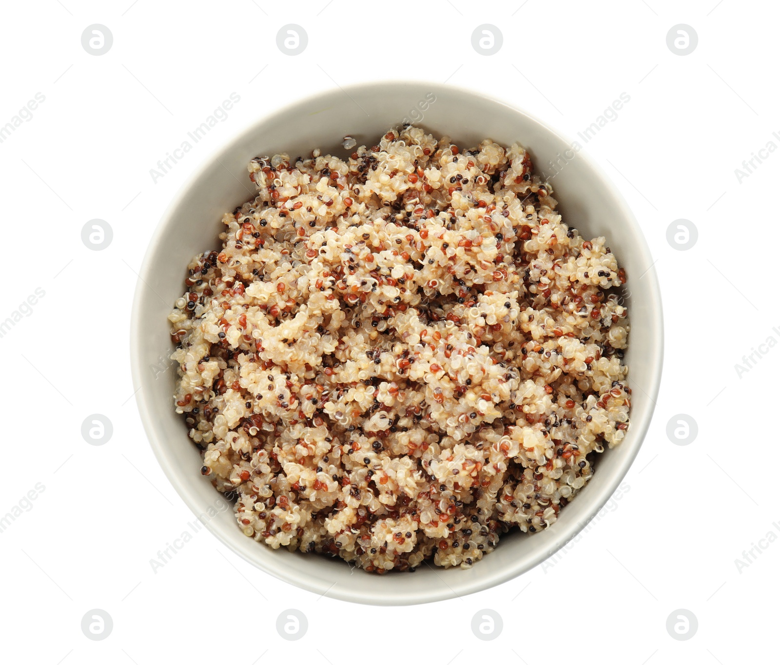 Photo of Cooked delicious quinoa in bowl isolated on white, top view