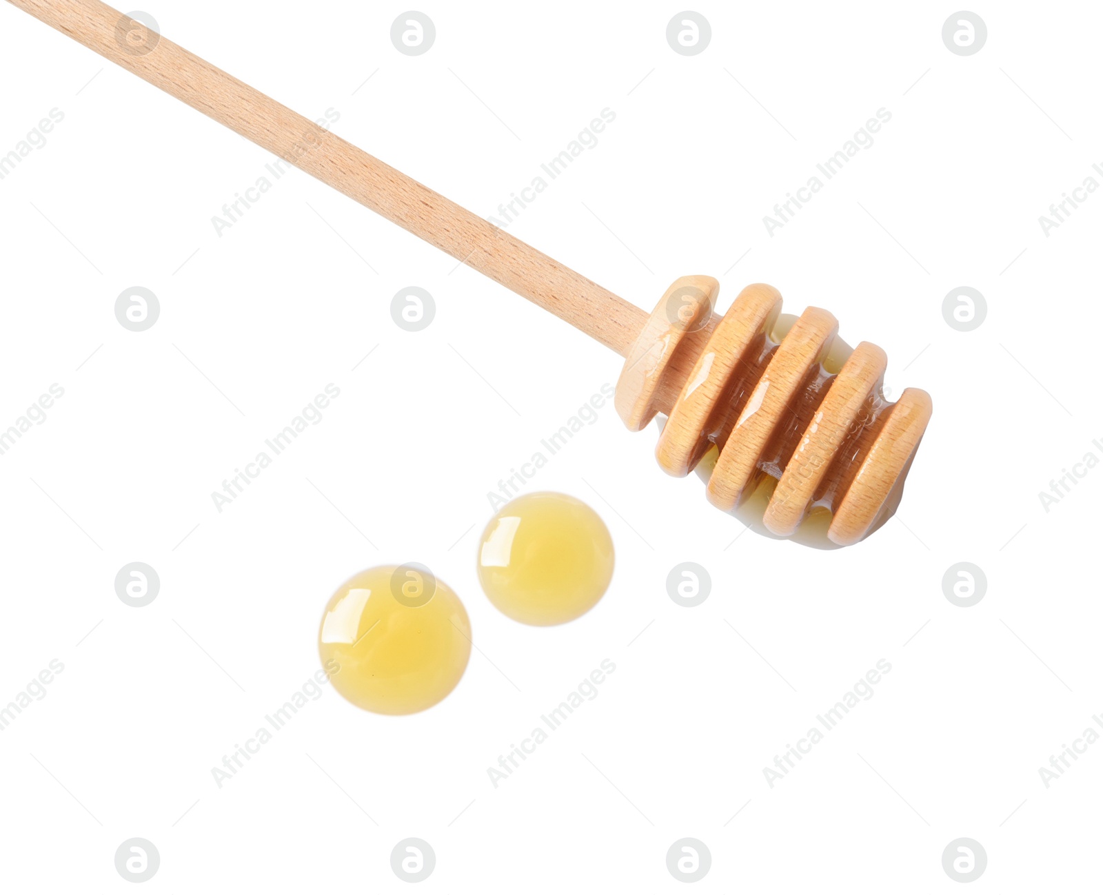 Photo of Wooden dipper and fresh honey on white background, top view