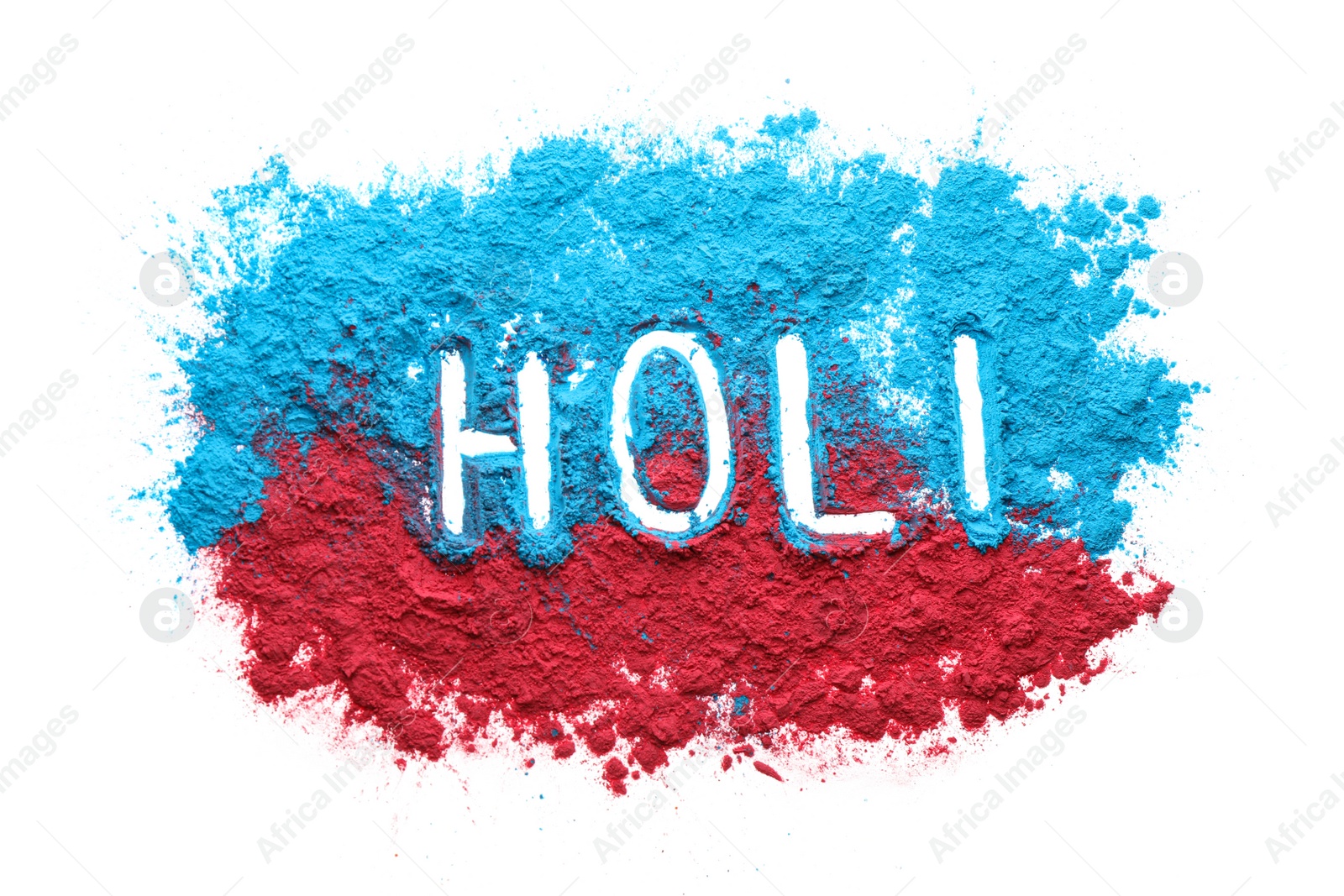 Photo of Colorful powders with word Holi on white background, top view