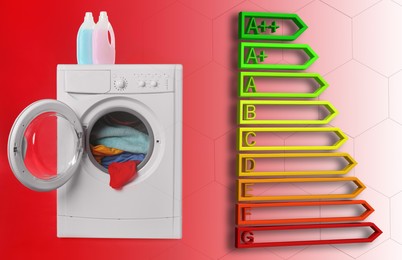 Energy efficiency rating label and washing machine with laundry on red background