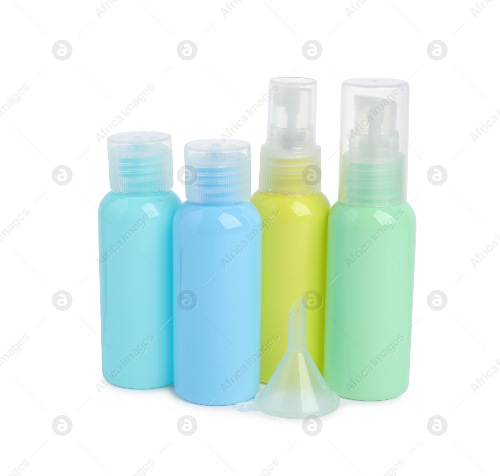 Photo of Cosmetic travel kit isolated on white. Bath accessories