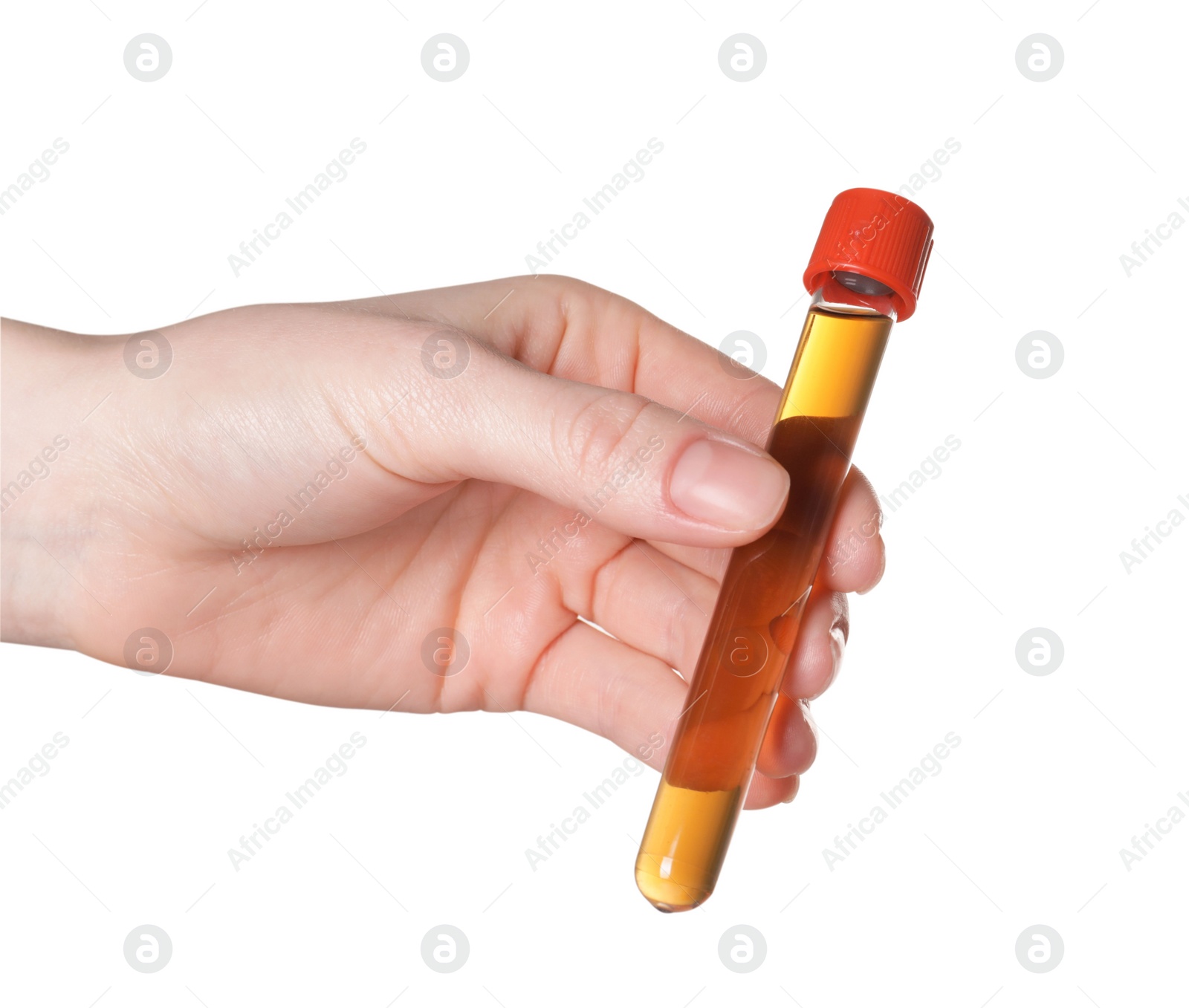 Photo of Woman holding test tube with brown liquid on white background, closeup