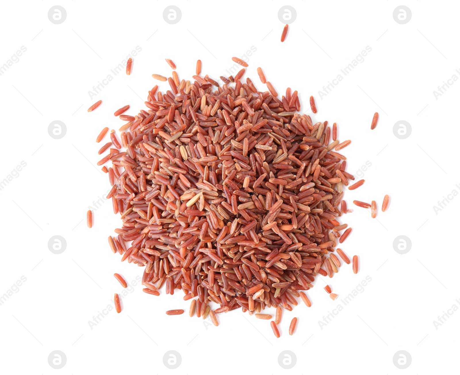 Photo of Uncooked brown rice isolated on white, top view