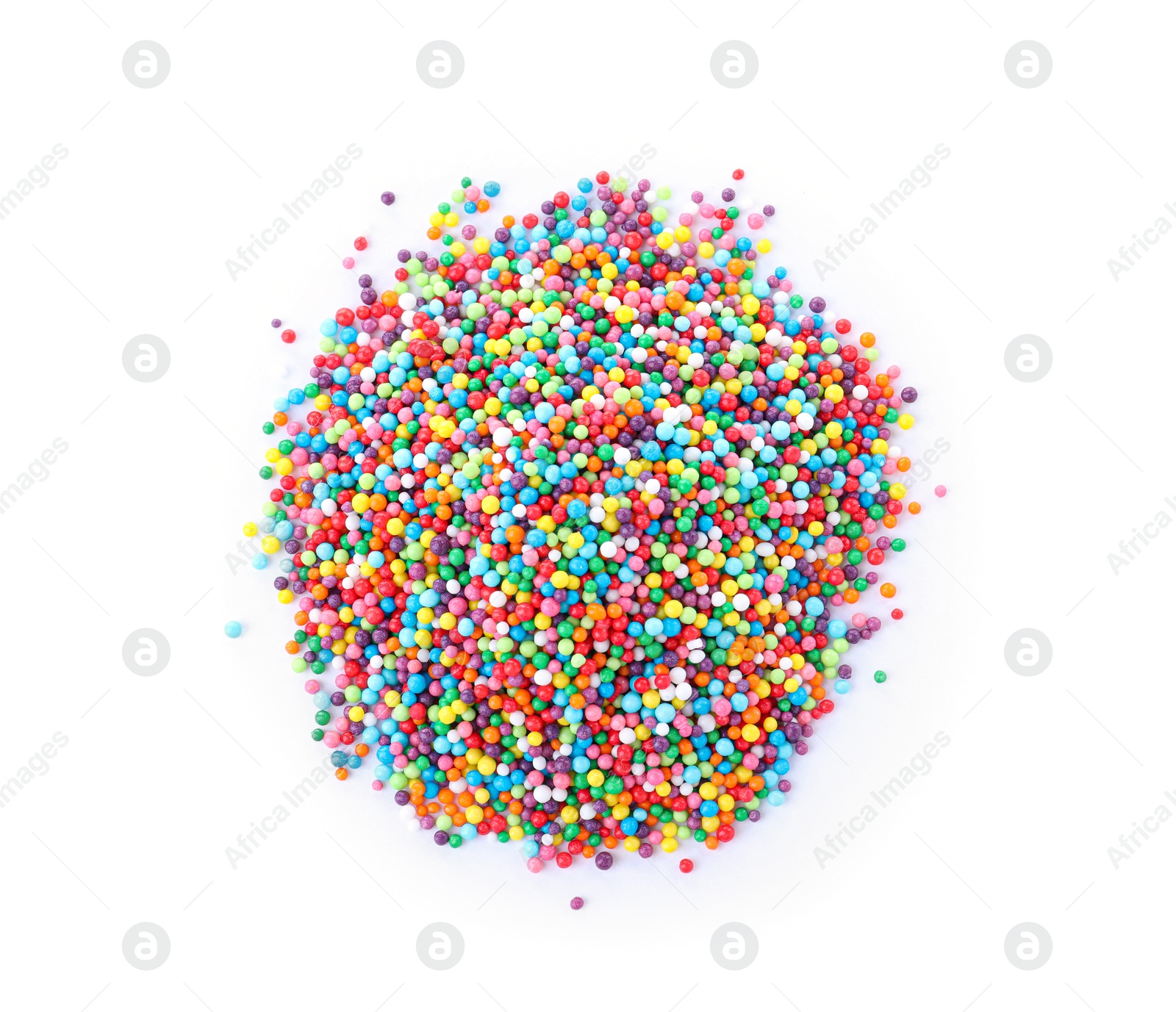 Photo of Colorful sprinkles on white background, top view. Confectionery decor