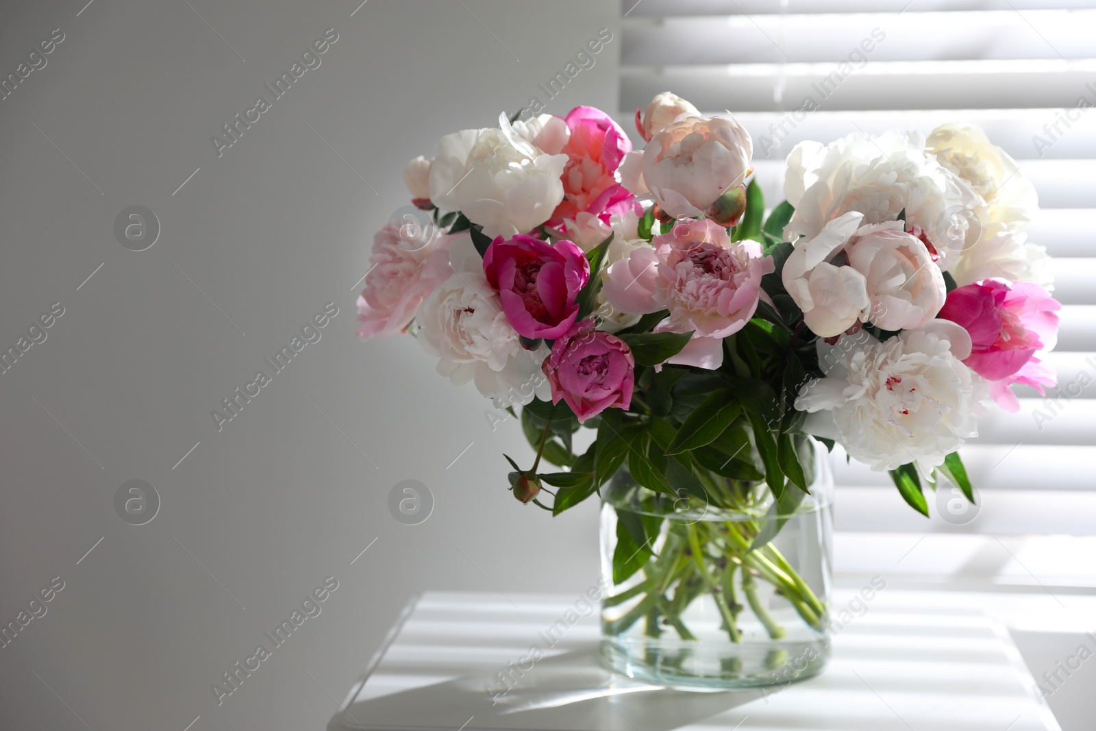 Photo of Beautiful peonies in vase on table near window indoors. Space for text