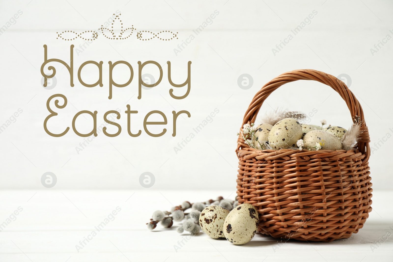 Image of Wicker basket with quail eggs and text Happy Easter on light background