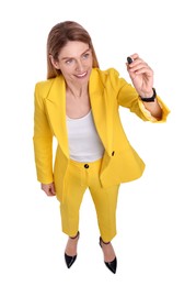 Photo of Beautiful happy businesswoman with marker on white background, above view