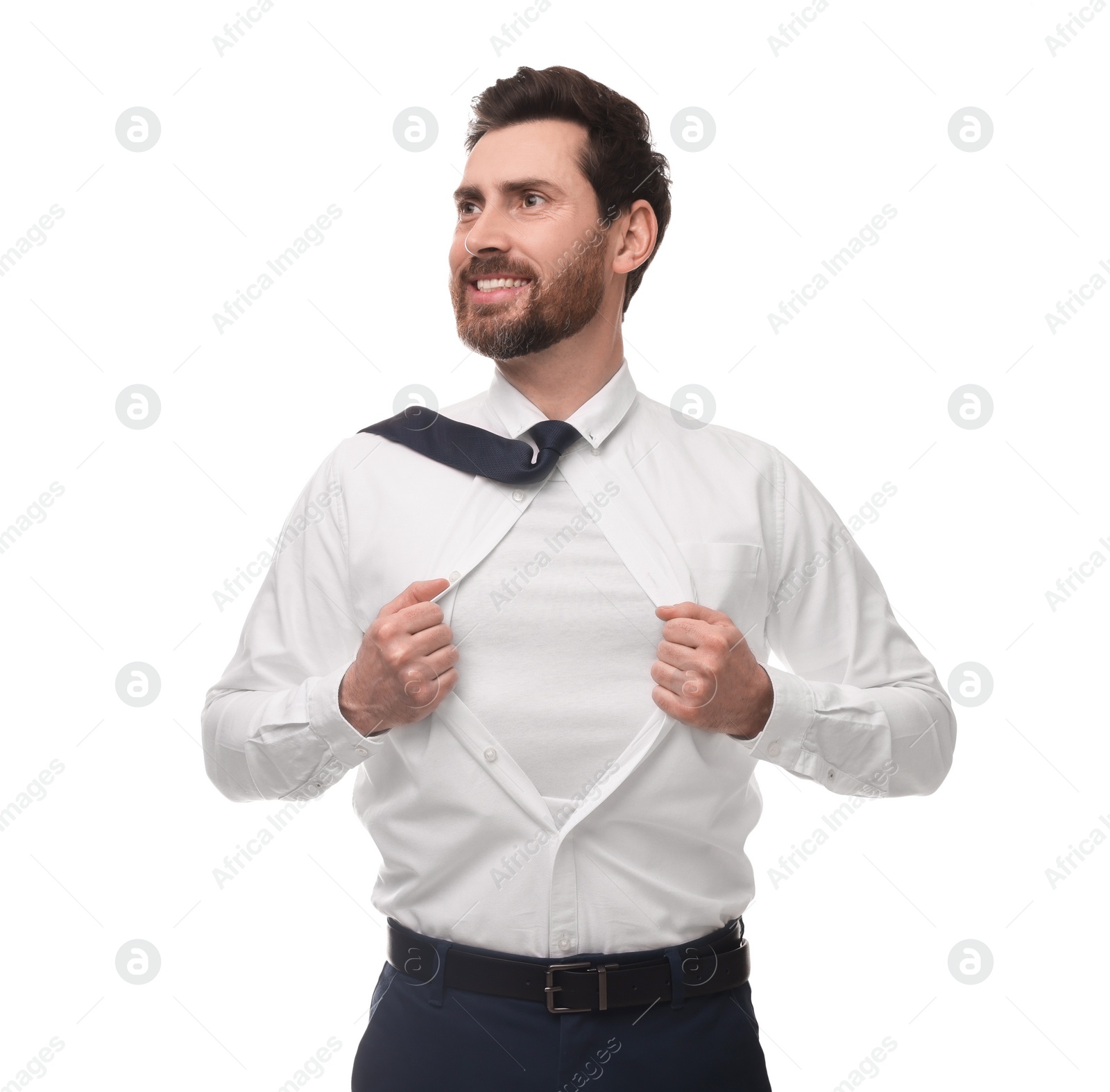 Photo of Happy businessman wearing superhero costume under suit on white background