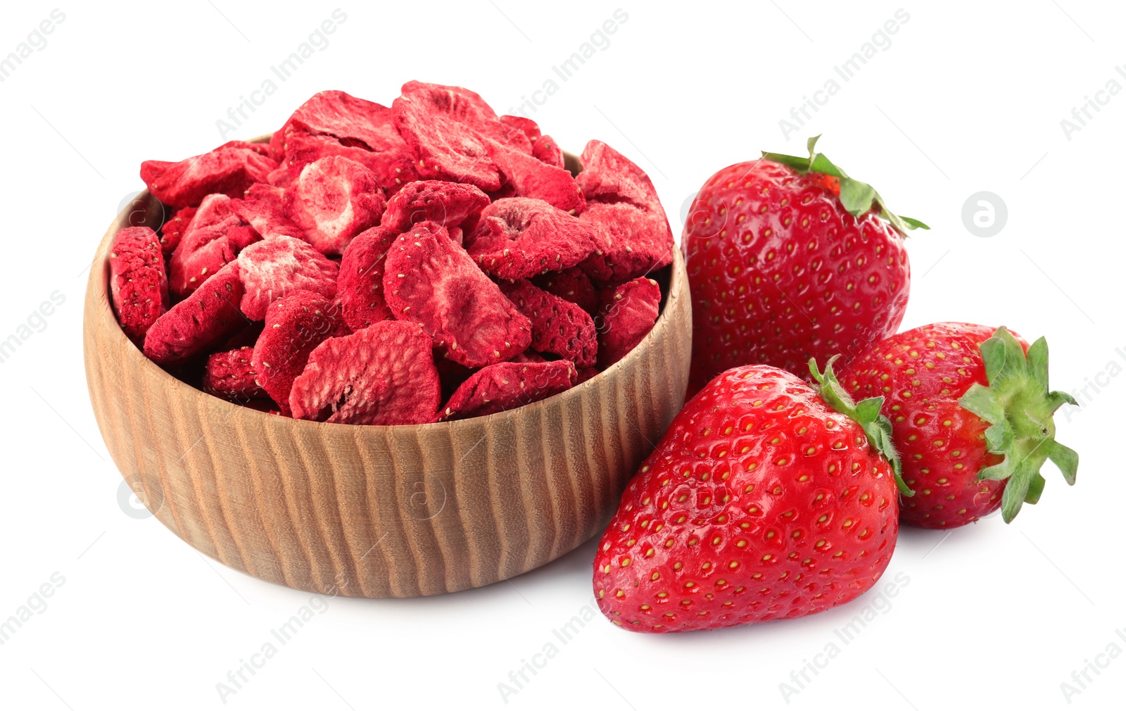 Photo of Sweet sublimated and fresh strawberries on white background