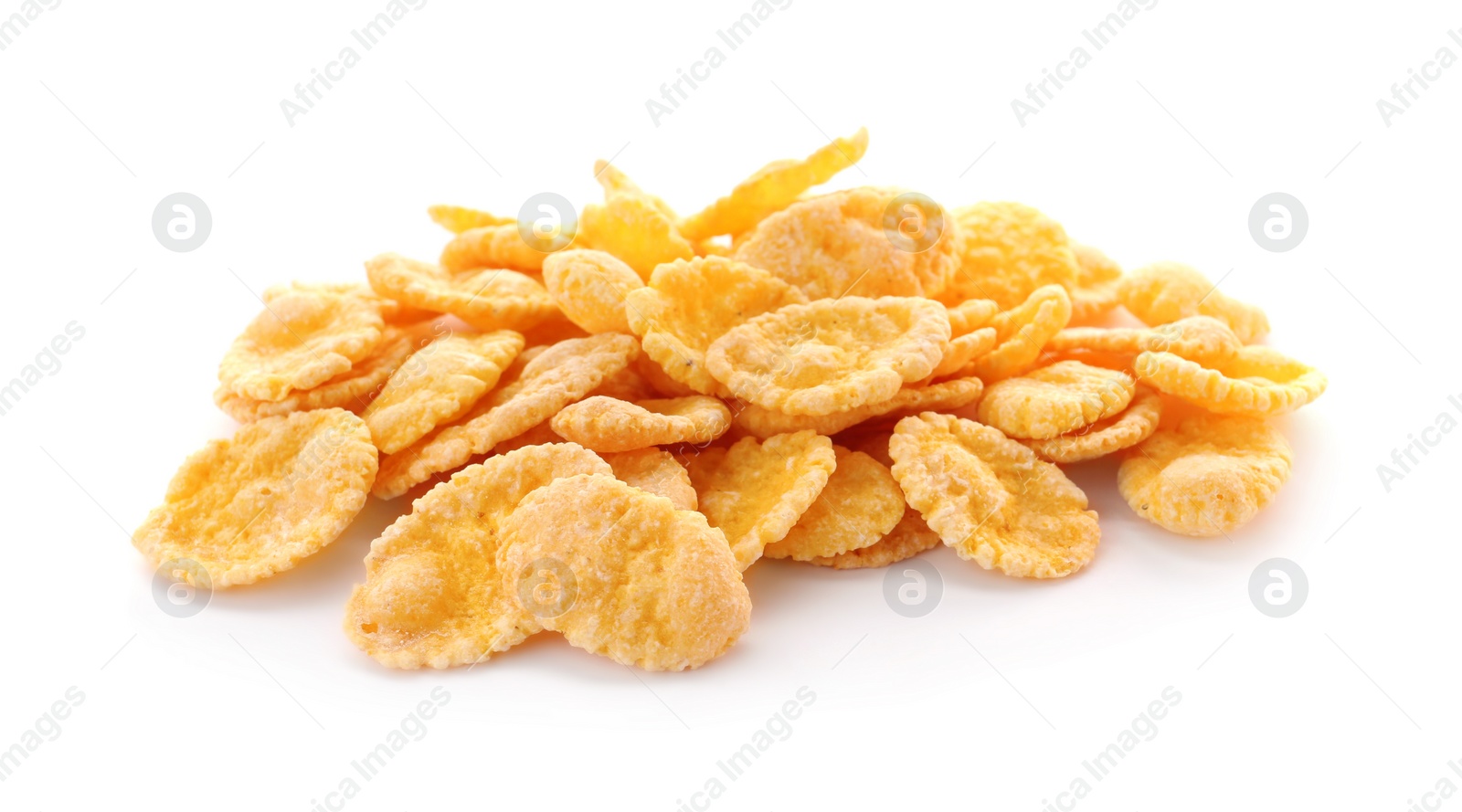 Photo of Pile of tasty corn flakes on white background