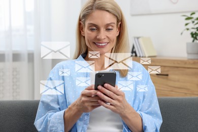 Smiling woman with smartphone chatting indoors. Many illustrations of envelope as incoming messages around device