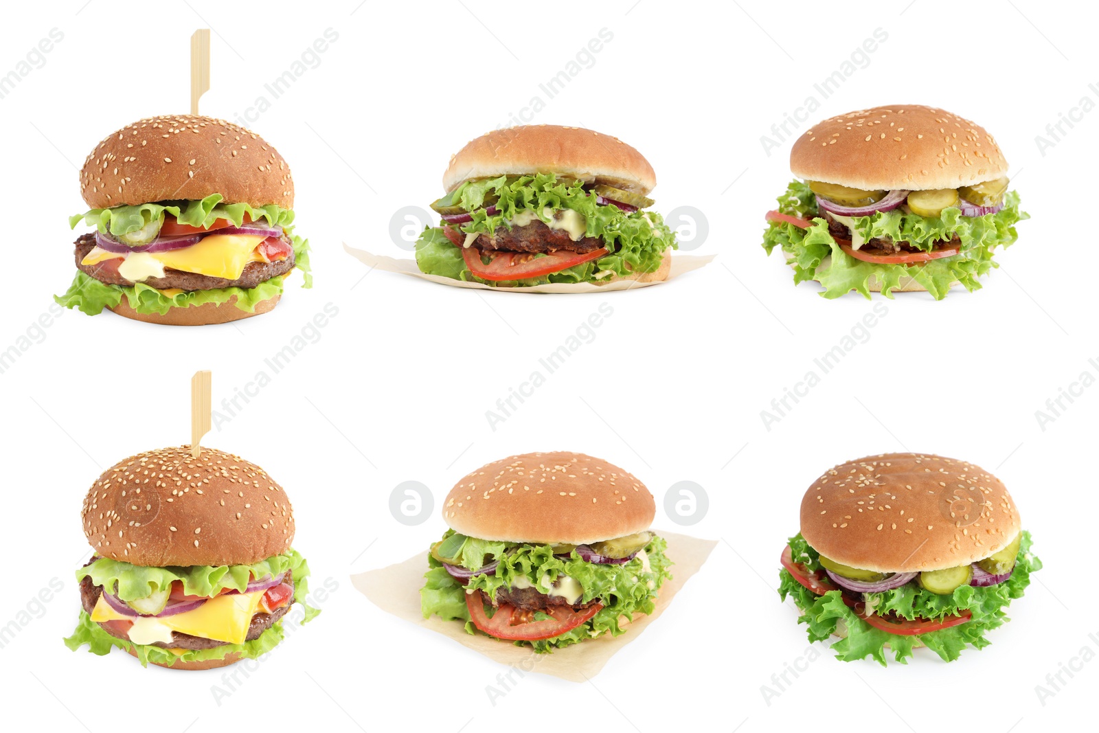 Image of Collage with delicious burgers on white background