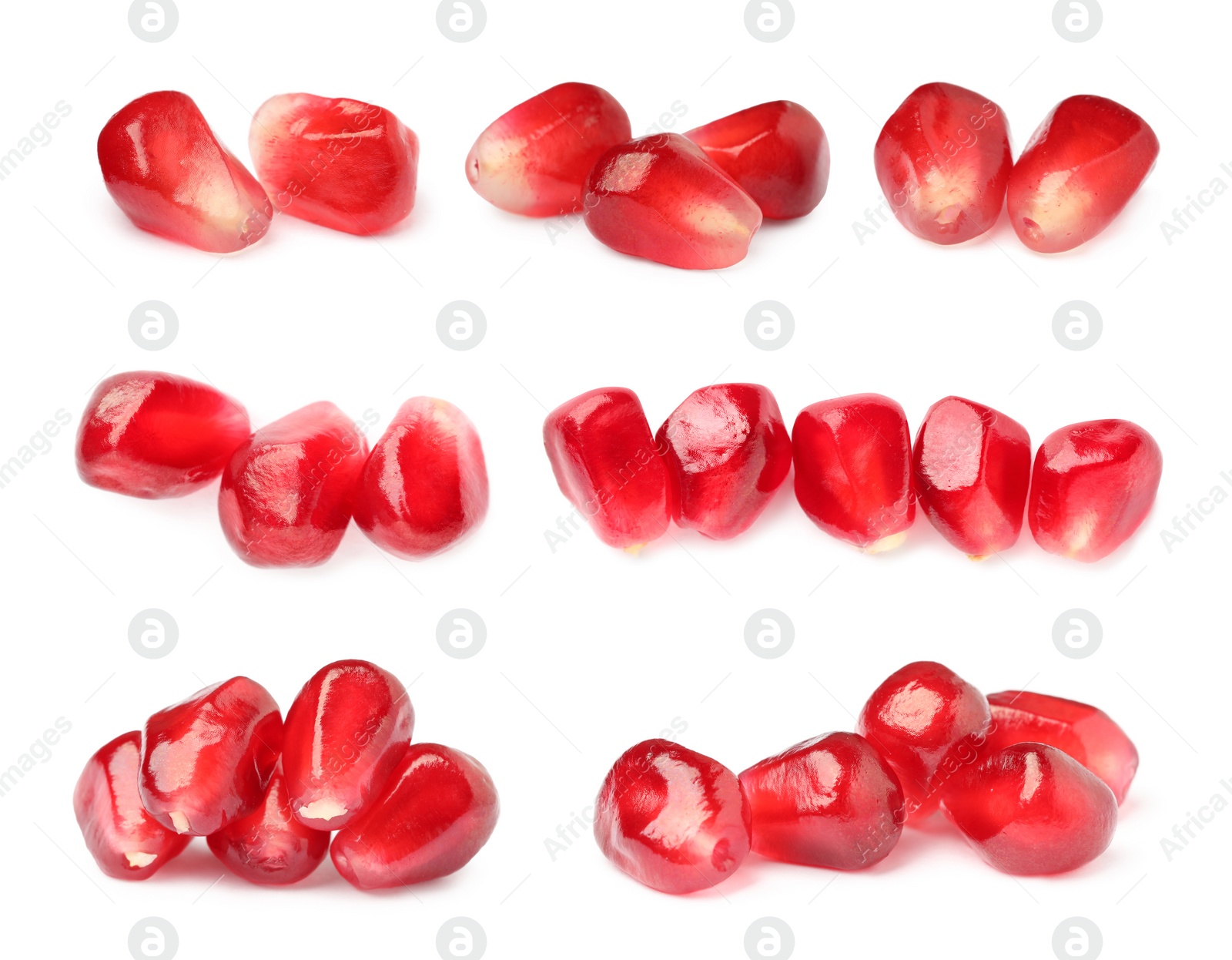 Image of Ripe juicy pomegranate seeds on white background, collage