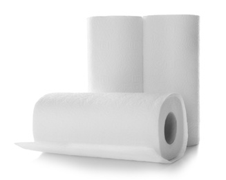 Rolls of paper towels on white background