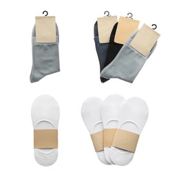 Image of Pairs of cotton socks with blank labels on white background, collage 