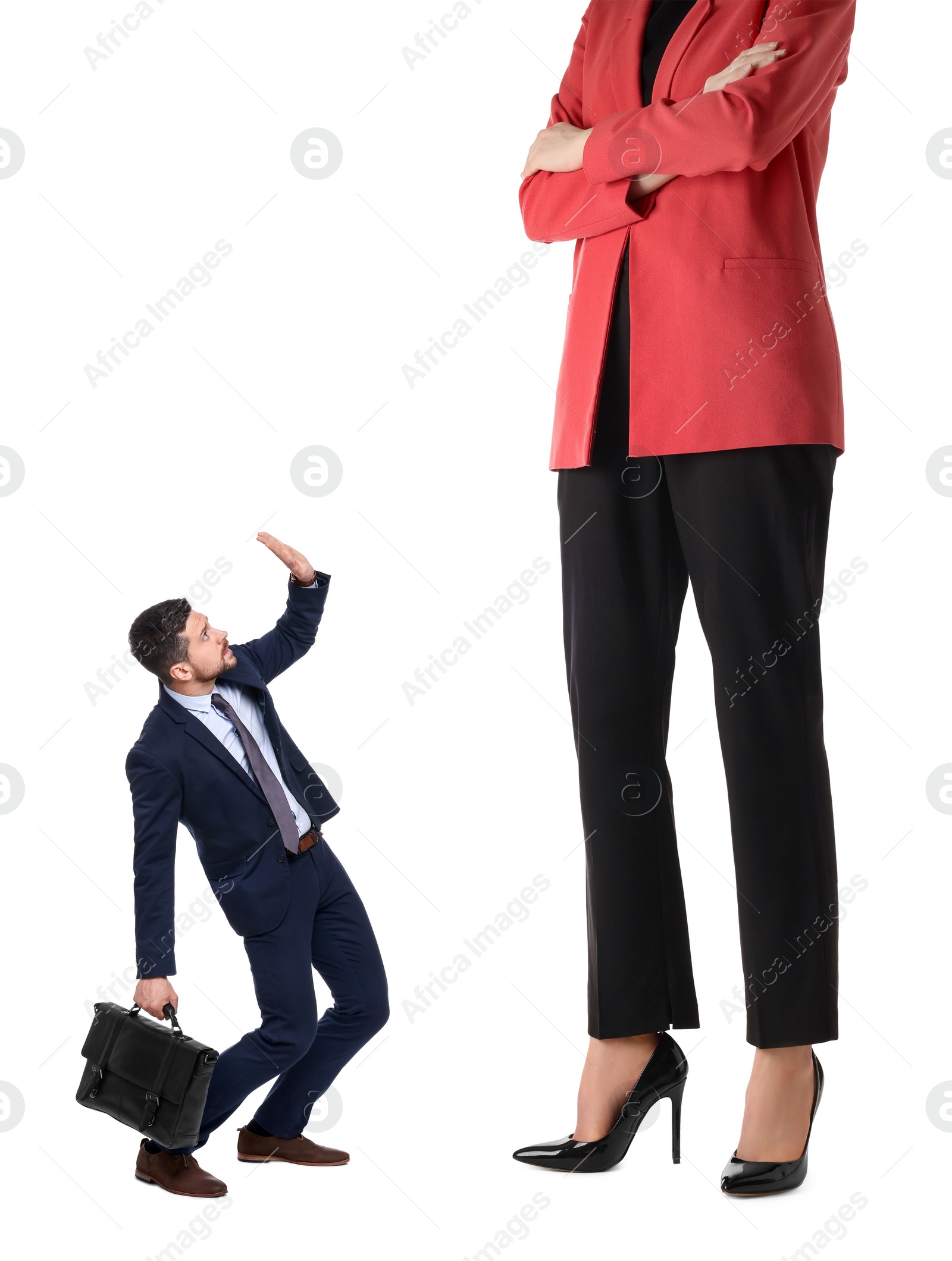 Image of Giant woman and small man on white background